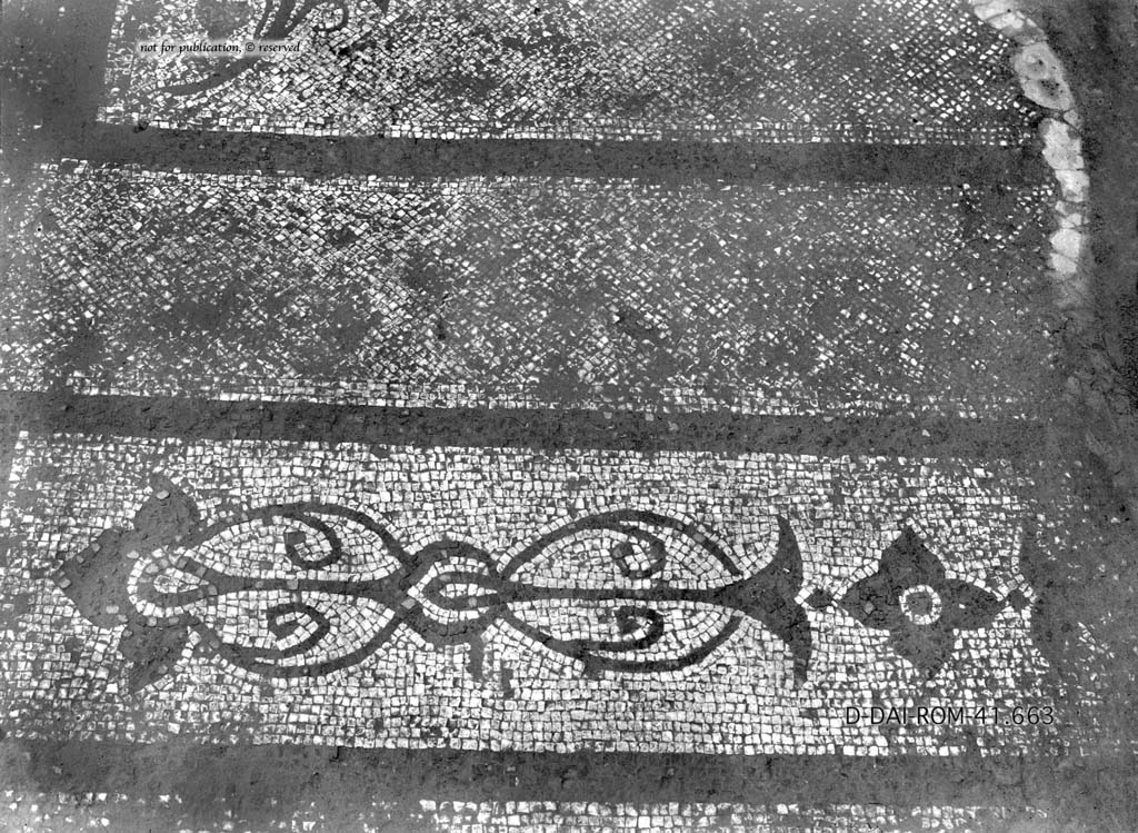 V.5.3 Pompeii. c.1930. Room 13, looking south across doorway threshold from triclinium into cubiculum.
DAIR 41.663. Photo © Deutsches Archäologisches Institut, Abteilung Rom, Arkiv.
See Pernice, E.  1938. Pavimente und Figürliche Mosaiken: Die Hellenistische Kunst in Pompeji, Band VI. Berlin: de Gruyter, (taf. 25,3.)
