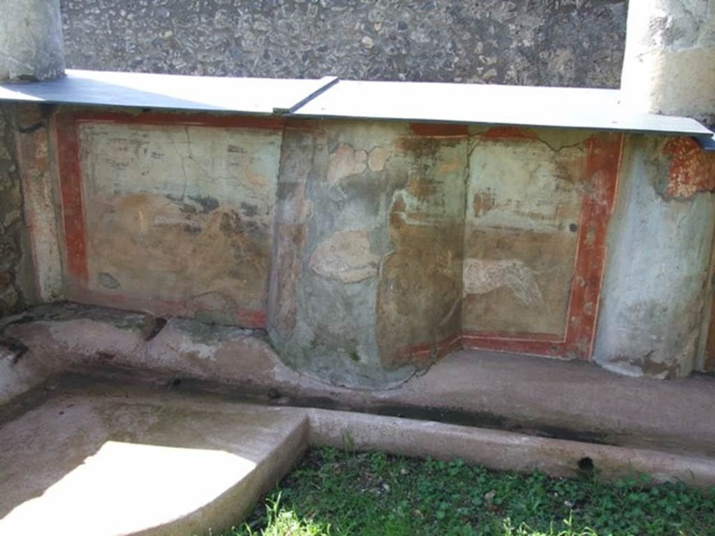 V.5.3 Pompeii. March 2009. Room 7, south corner of west side of peristyle.
The painting showed a boar being attacked by a dog. In the background a deer to the left, and a deer to the right, both fleeing. Also to the right, a bear on his rear legs being attacked by two dogs. In the background, another deer fleeing. See Not. Scavi, 1899, p.348, number 1.