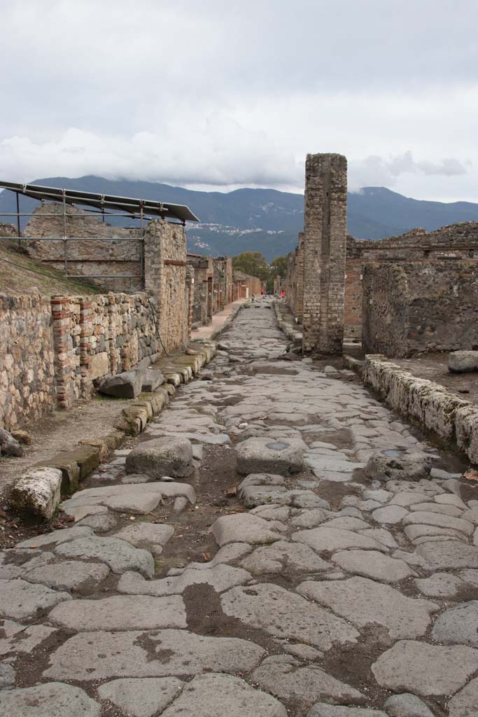 V.6.1 Pompeii. October 2020. Looking south on Via del Vesuvio towards V.6.1, roofed, on left.
Photo courtesy of Klaus Heese.