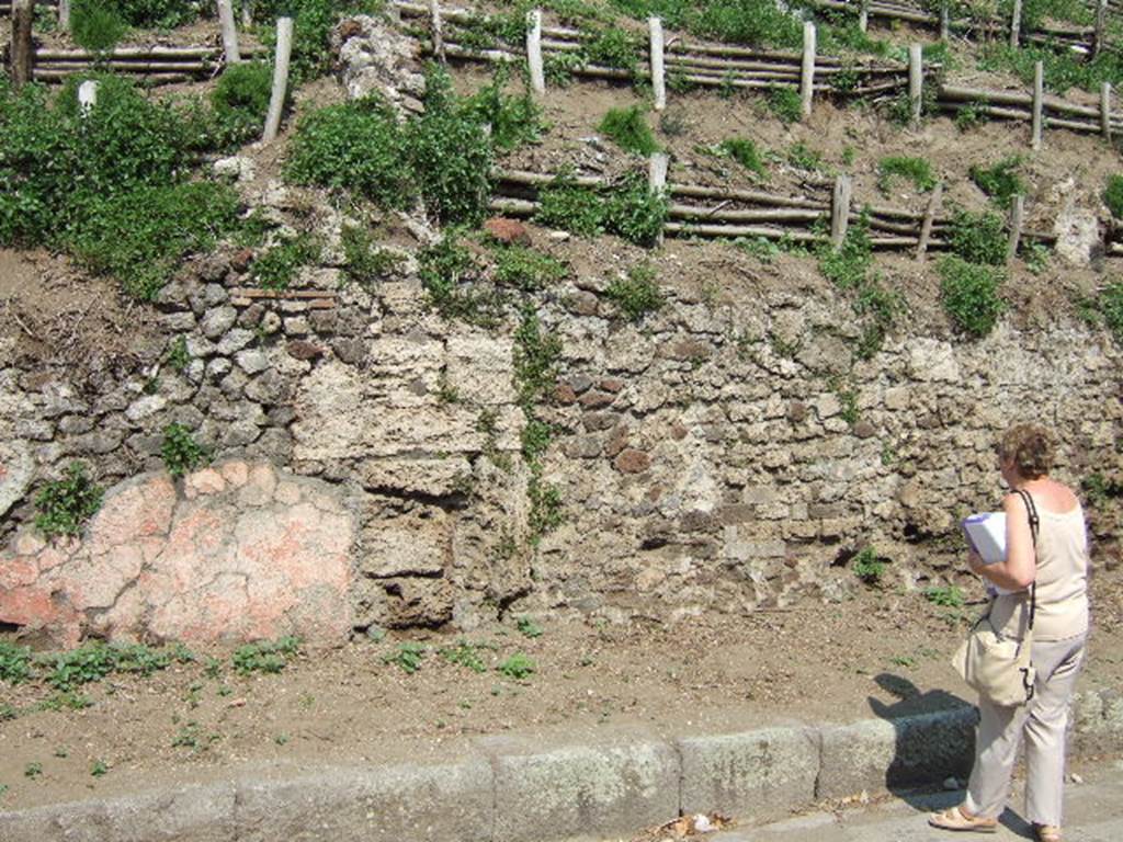V.6.8 and 7, Pompeii. May 2006. Looking east towards unexcavated north end of façade and remaining painted plaster.