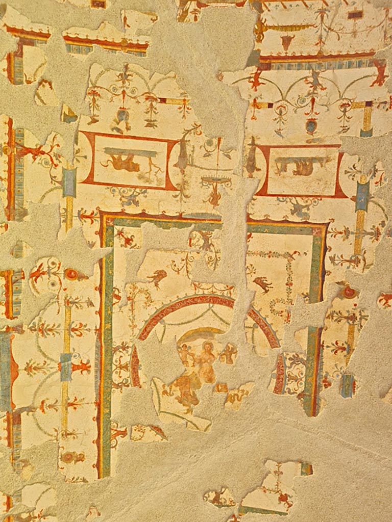 V.6.12 Pompeii. March 2024. Amb. 9. The refined ceiling of the cubiculum with Leda and the Swan fresco on east wall. 
The ceiling was found collapsed on the floor, and then restored.
On display in exhibition “L’altra Pompei, vite comuni all’ombra del Vesuvio”.
Photo courtesy of Giuseppe Ciaramella.