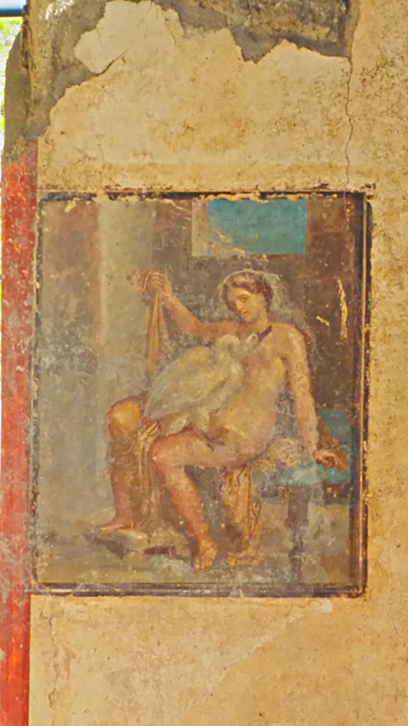 V.6.12 Pompeii. December 2019. Amb. 9. 
East wall of cubiculum with painting of Leda and the Swan. Photo courtesy of Giuseppe Ciaramella.
