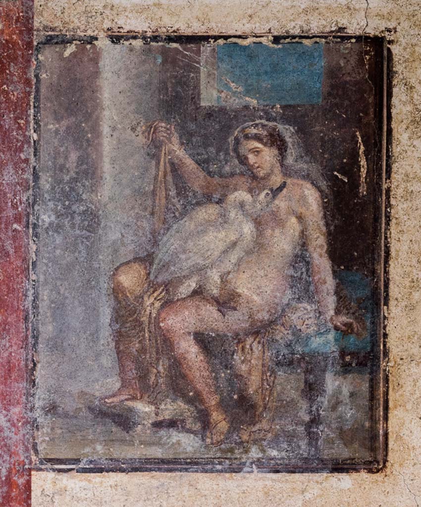 V.6.12, Pompeii. January 2020. Amb. 9. 
East wall of cubiculum, painting of Leda and the Swan. Photo courtesy of Johannes Eber.