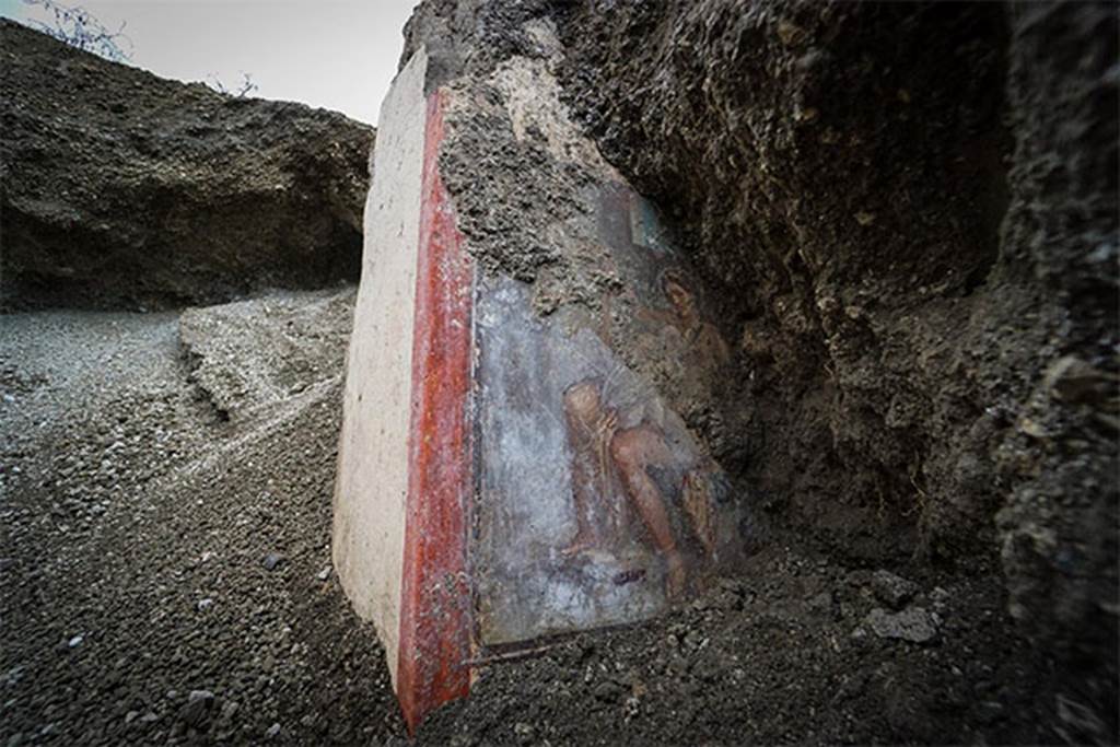 V.6.12 Pompeii. November 2018. Amb. 9. Cubiculum. Painting of Leda and the Swan (Zeus). 
Fresco discovered during the stabilization and reprofiling of the excavation fronts, in a cubiculum (bedroom) of a house along Via del Vesuvio.
The room that preserves the painting is placed next to the entrance corridor where the fresco of the Priapus had already been identified.
Questa volta si tratta del mito di Leda e il cigno rappresentato in un affresco rinvenuto, durante i lavori di stabilizzazione e riprofilamento dei fronti di scavo, in un cubicolo (stanza da letto) di una casa lungo via del Vesuvio. L'ambiente che conserva il dipinto è posto accanto a corridoio di ingresso dove già era stato individuato l'affresco del Priapo.
Photograph © Parco Archeologico di Pompei.