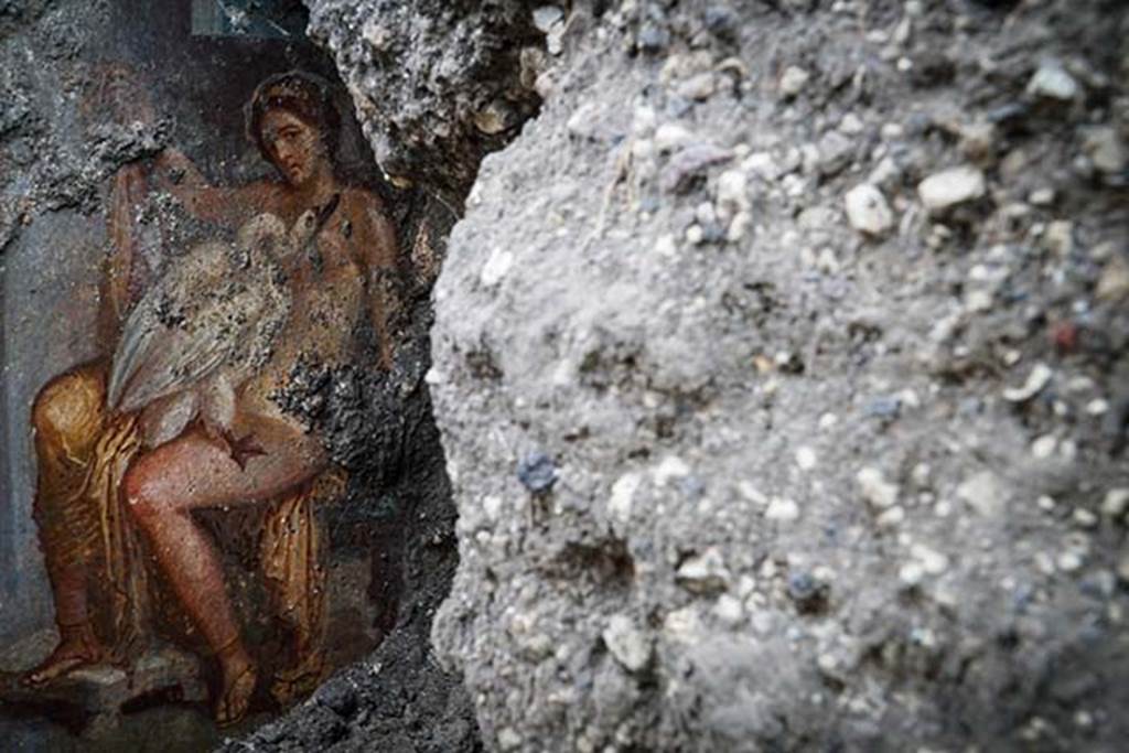 V.6.12 Pompeii. November 2018. Amb. 9. Cubiculum. Painting of Leda and the Swan (Zeus) during excavation. 
Dipinto di Leda e il cigno (Zeus) durante lo scavo.
Photograph © Parco Archeologico di Pompei.