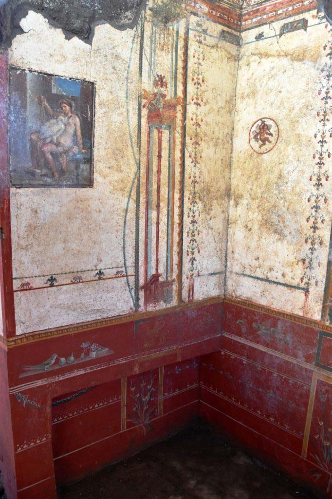 V.6.12 Pompeii. February 2019. Amb. 9. Cubiculum. Corner with Leda fresco and bed niche. 
A small painted panel can be seen at the top of each of the two walls.
The entire Leda room is characterised by sophisticated Fourth Style decorations, with delicate floral embellishments, interspersed by griffins with cornucopia, winged cupids, still lifes and scenes of combat between animals. The harmony of these exquisite designs even extended to the ceiling, which completely collapsed under the weight of the lapilli, and whose fragments were recovered by restorers and used to reconstruct the story. 
Cubiculum. Angolo con affresco Leda e nicchia letto.
Un piccolo pannello dipinto può essere visto nella parte superiore di ciascuna delle due pareti.
Decori raffinati di IV stile caratterizzano l'intera stanza di Leda, con delicati ornamenti floreali, intervallati da grifoni con cornucopie, amorini volanti, nature morte e scene di lotte tra animali. Finanche sul soffitto, rovinosamente crollato sotto il peso dei lapilli, si estendeva l'armonia di questi pregiati disegni, i cui frammenti sono stati recuperati dai restauratori per ricomporne la trama.
Photograph © Parco Archeologico di Pompei.