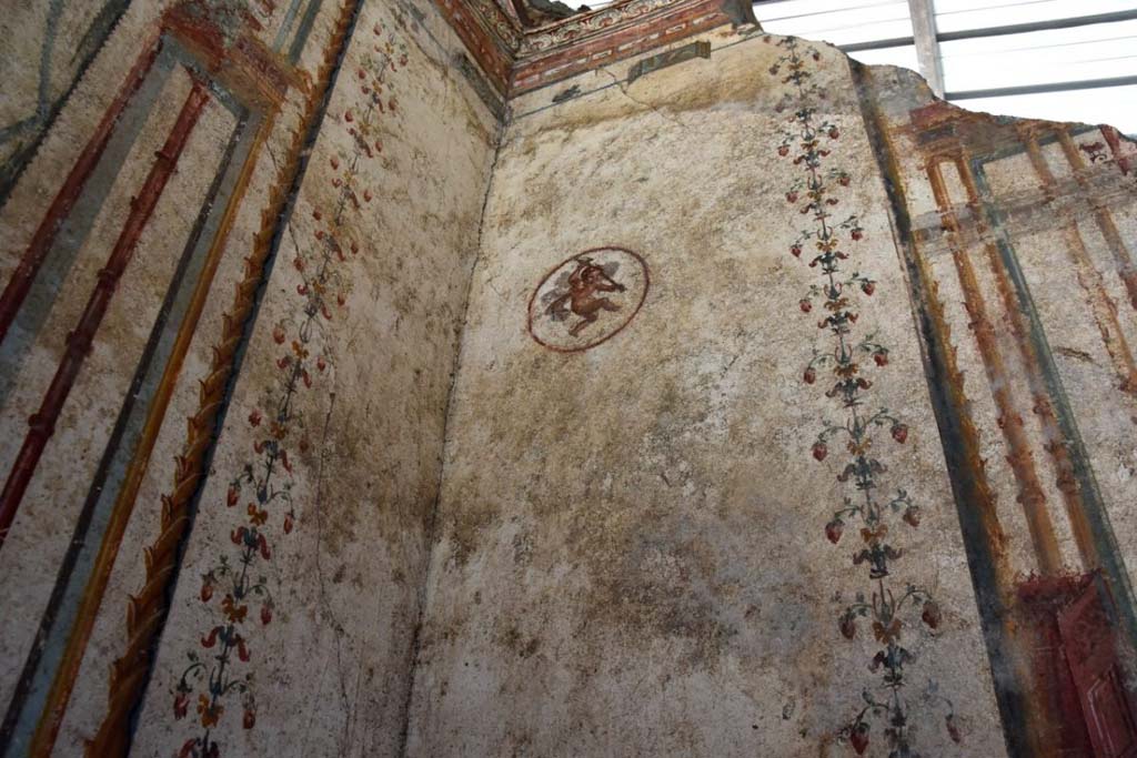 V.6.12 Pompeii. February 2019. Amb. 9. Cubiculum. Wall with flying cupid, plant motifs and architectural painting. 
Cubiculum. Parete con amorino volanti, motivi vegetali e pittura architettonica.
Photograph © Parco Archeologico di Pompei.