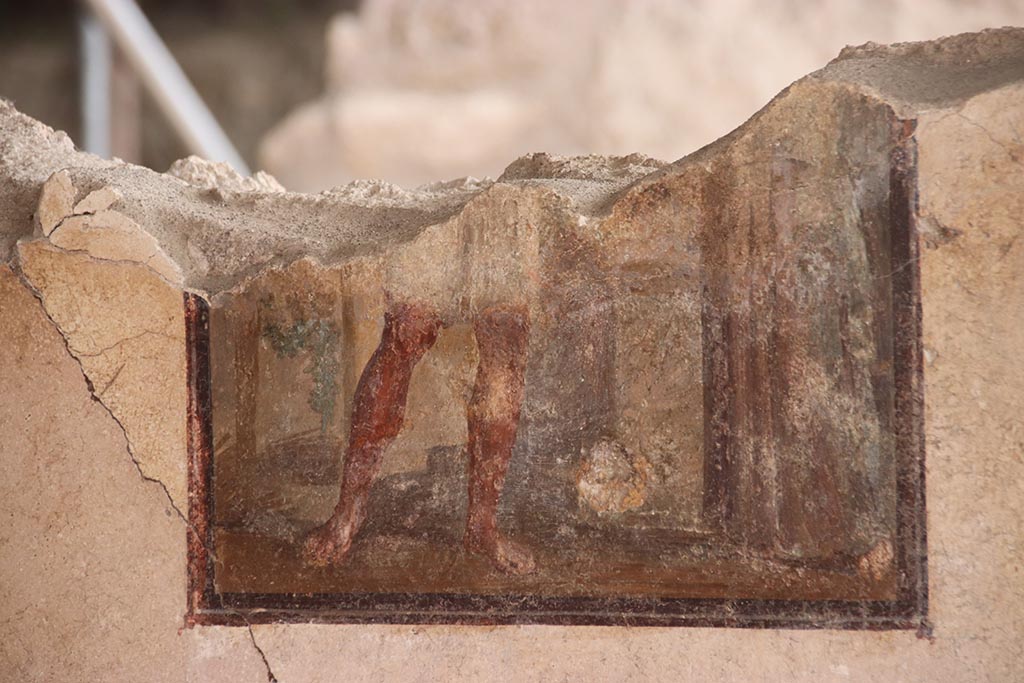 V.6.12 Pompeii. October 2024. 
Cubiculum 9, remains of central wall painting from south wall of cubiculum. Photo courtesy of Klaus Heese.