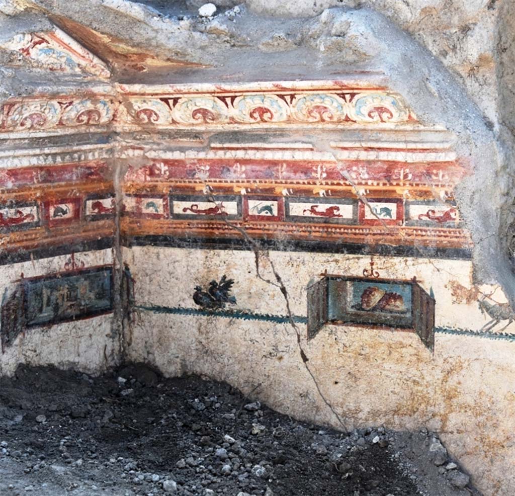 V.6.12 Pompeii. November 2018. Amb. 9. Cubiculum. Upper wall during excavation. 
The upper border is decorated with small red and orange panels with sea creatures
Underneath are two birds, a goat and a small painted still life, bordered by doors.
Cubiculum. Parete superiore durante gli scavi.
Il bordo superiore è decorato con piccoli pannelli rossi e arancioni con creature marine
Sotto ci sono due uccelli, una capra e un piccolo dipinto natura morta, delimitata da porte.
Photograph © Parco Archeologico di Pompei.