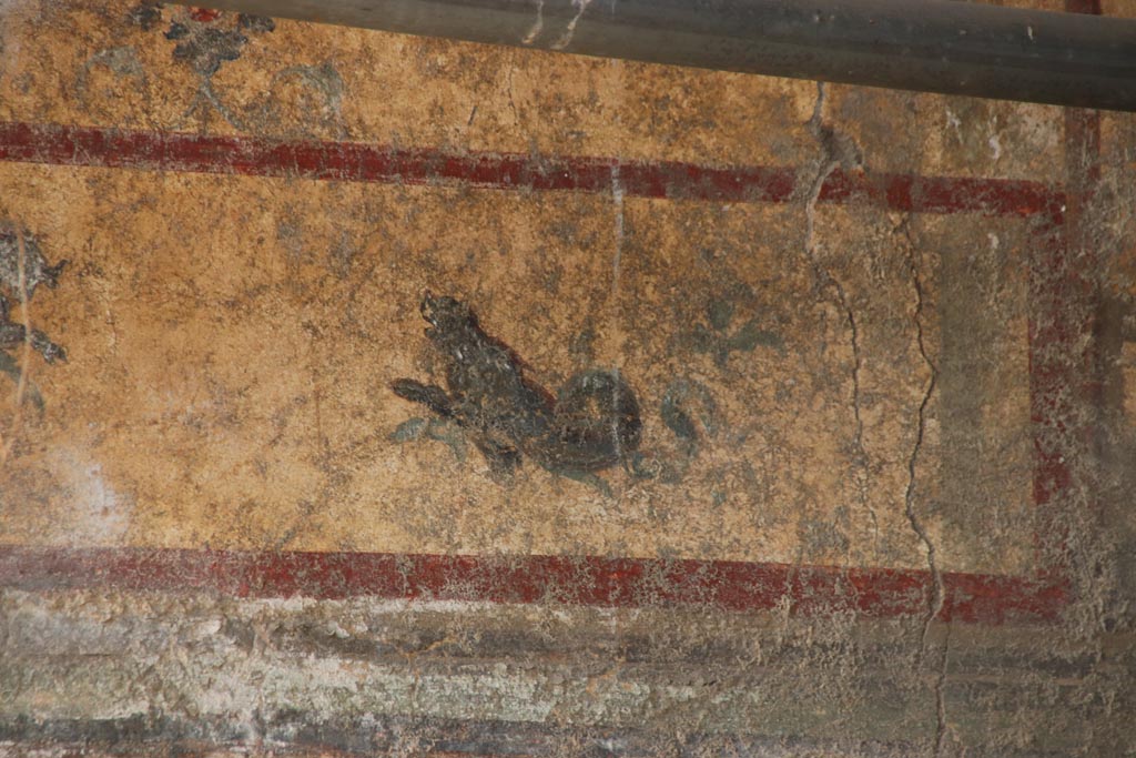 V.6.12 Pompeii, October 2022. North wall, detail of marine creature at east end of panel. Photo courtesy of Klaus Heese.