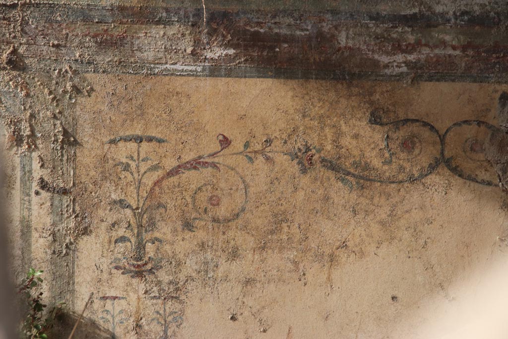 V.6.12 Pompeii, October 2022. North wall, detail of decorative painting below sea creatures. Photo courtesy of Klaus Heese.