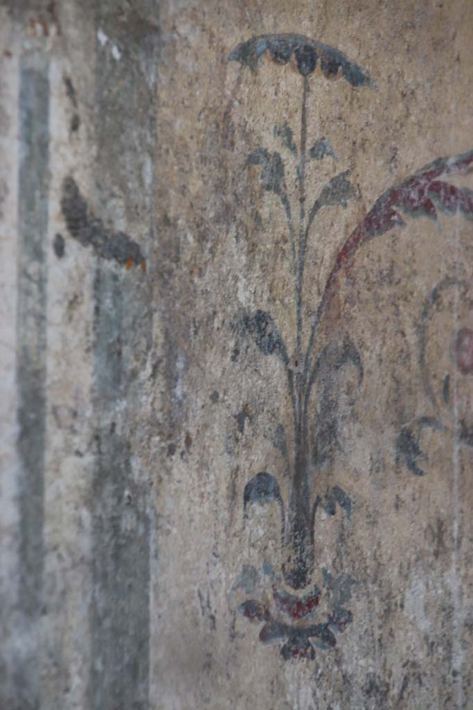 V.6.12 Pompeii, September 2021. 
Detail of painted floral decoration from west end of centre of north wall. 
Photo courtesy of Klaus Heese.