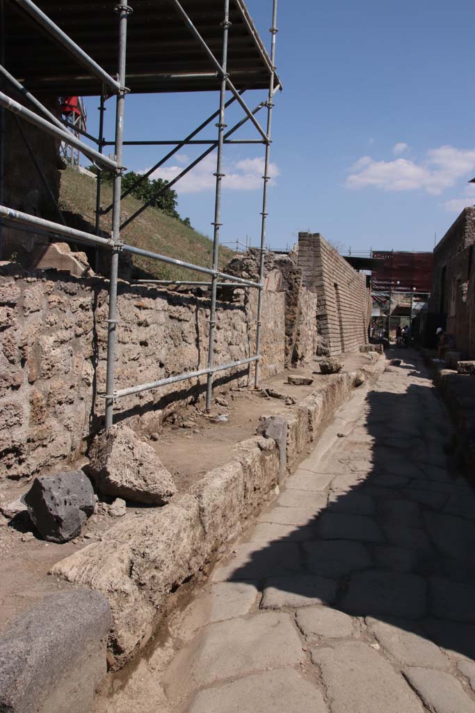 V.7.1 Pompeii, on left, September 2021. 
Looking east along north side of Vicolo delle Nozze d’Argento.
In the centre of the photo, the painted decoration of an east wall can be seen.
It may be part of V.7.1, or perhaps even V.7.2.  Photo courtesy of Klaus Heese.