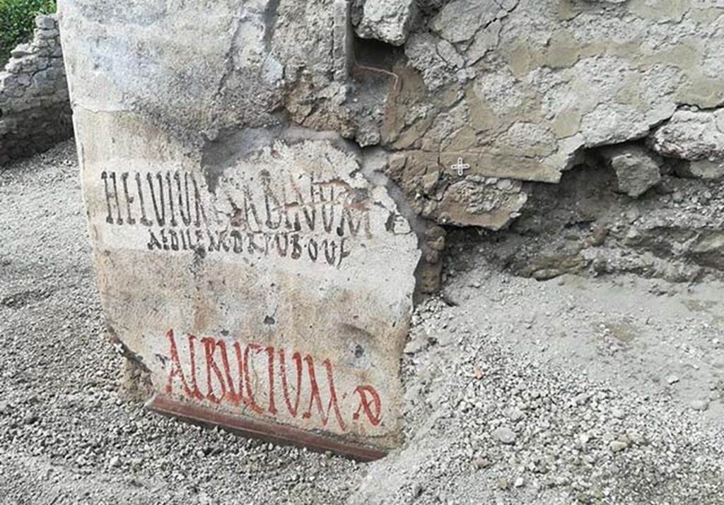 V.7.8 Pompeii. June 2018. Electoral inscriptions on outside wall of house. Vicolo delle Nozze d’Argento at north-west corner of junction with Vicolo c.d. dei Balconi.
These electoral inscriptions were HELVIVM SABINVM AEDILEM D R P U B O V F and ALBVCIVM AED. 
The upper inscription reads 
Helvium Sabinum
aedilem d{ignum) r{ei) p{ublicae) v{irum) b{onum) o{ro) v{os) f(aciatis)
Please elect Helvius Sabinus aedile, worthy of office and a good man.
Photograph © Parco Archeologico di Pompei.