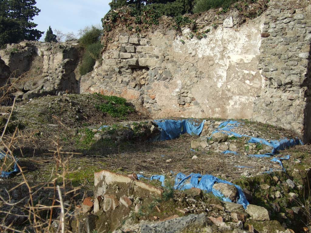 VI.1.1 Pompeii. December 2007. Looking north-west towards triclinium (under blue sheeting) from VI.1.4.
According to Jashemski, -
the small inn (excavated in 1787) just inside the Porta Ercolano had a garden with a masonry triclinium shaded by a vine-covered pergola. 
The holes in the rear wall, in which the ends of the beams of the pergola were set, were visible at the time of excavation. 
A gutter along the south edge of the garden collected rain water which was deposited in the cistern opening in the south-west corner of the garden.
See Jashemski, W. F., 1993. The Gardens of Pompeii, Volume II: Appendices. New York: Caratzas. (p.119)
According to Fiorelli, the triclinium had three couches of brick, and the walls were in part adorned by pictures.
See Pappalardo, U., 2001. La Descrizione di Pompei per Giuseppe Fiorelli (1875). Napoli: Massa Editore. (p. 47)
