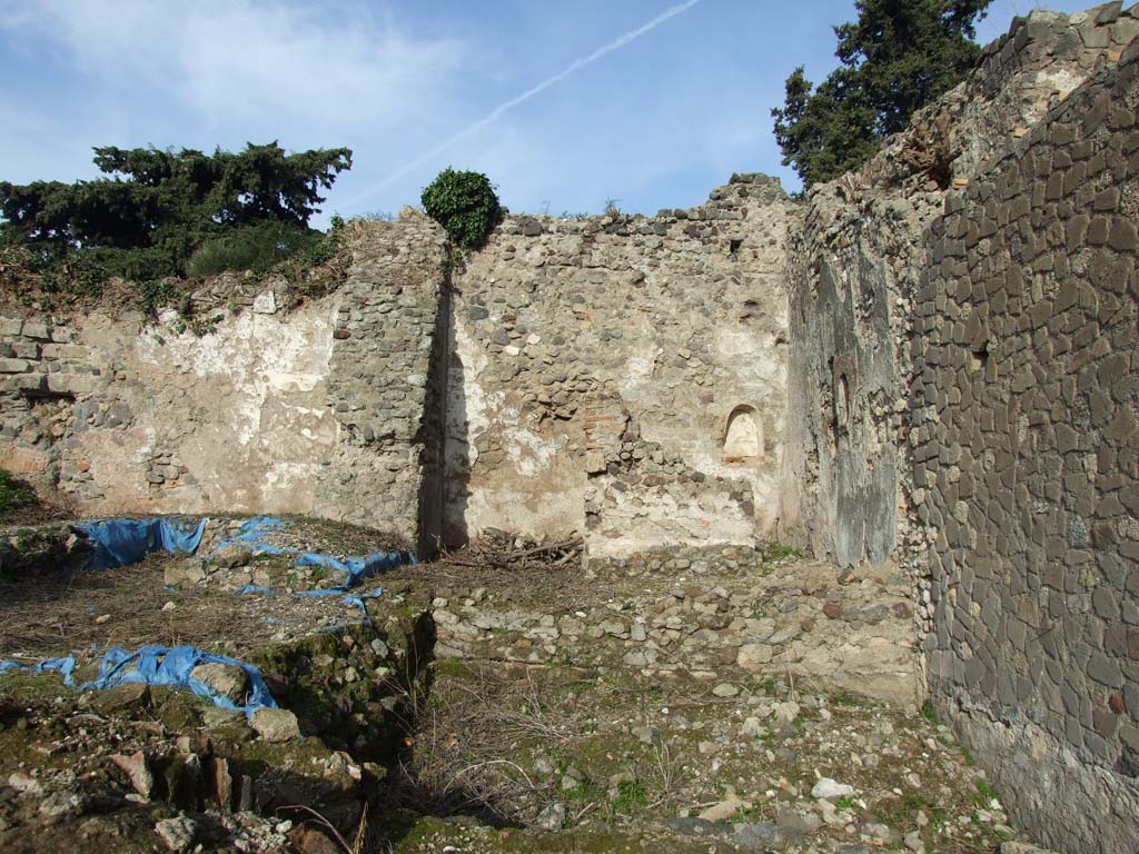 VI.1.1 Pompeii. December 2007. 
Looking north towards triclinium (under blue sheeting) in garden area, and niches on north and east wall of rooms on its east side, taken from VI.1.4.