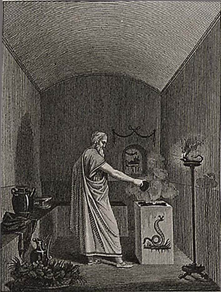 VI.1.1 Pompeii. Drawing by Mazois, 1824, of windowless sacrarium, looking north. 
See Mazois, F., 1824. Les Ruines de Pompei: Second Partie. Paris: Firmin Didot. (p. 47 and pl. X, fig. 1).