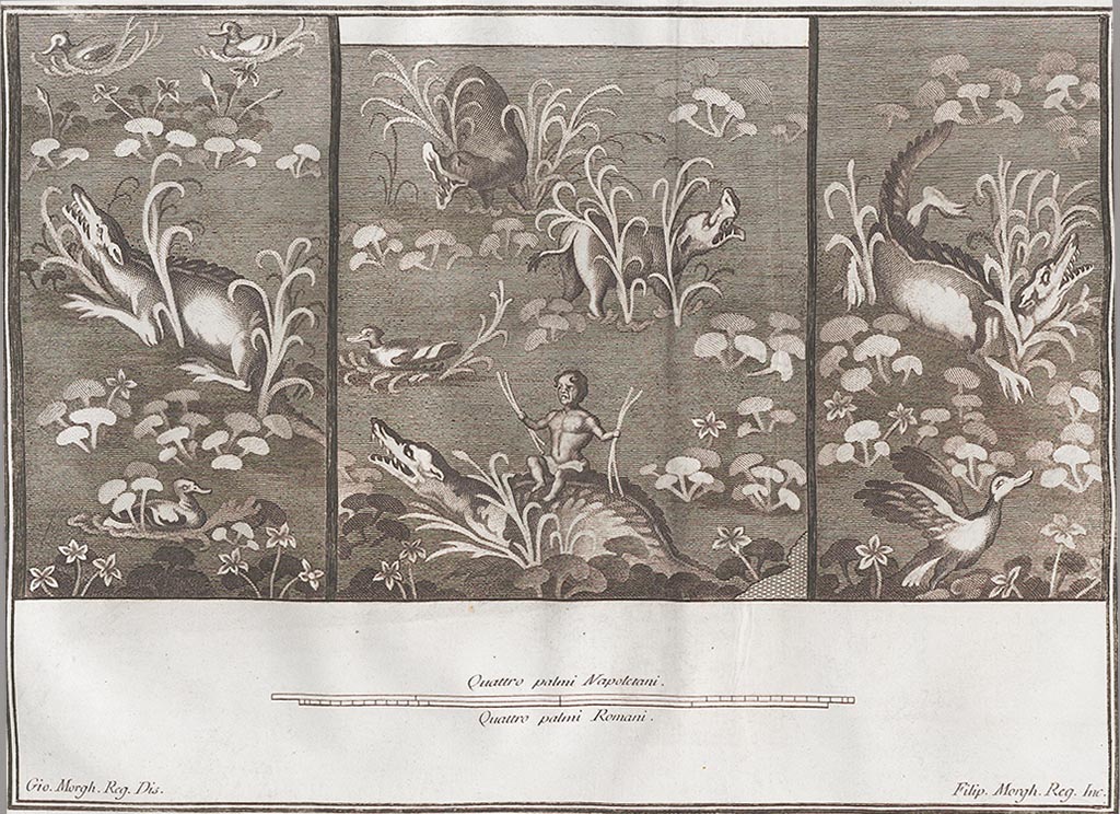 VI.1.1 Pompeii. Three paintings of Egyptian swamps forming part of a wall, found in one of the shops situated near to the Gate of the city of Pompeii.
Many reeds were painted, plants of the Nile with leaves, and flowers of white colour, some ducks, two hippos, and three crocodiles, on one of which a pygmy was seated.
See Antichità di Ercolano: Tomo Setto: Le Pitture 5, 1779, Tav LXVI, p.295.
