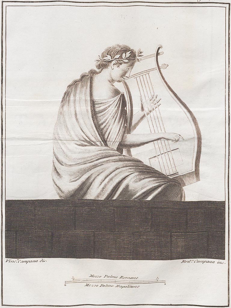 VI.1.1 Pompeii. 
Drawing by V. Campana of painting found on a wall in the house, showing a woman with a laurel crown in the act of touching a golden lyre of five strings with the fingers of her left hand.
See Antichità di Ercolano: Tomo Setto: Le Pitture 5, 1779, Tav LIV, p.241.   
See Romanelli, D. 1817. Viaggio a Pompei, Parte Prima, p.91, above.