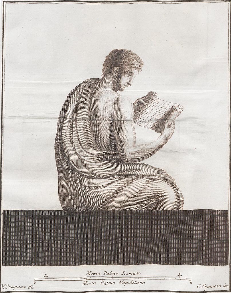 VI.1.1 Pompeii. 
Drawing by V. Campana of painting found on a wall in the house, showing a young man, reading a papyrus scroll held between his two hands.
See Antichità di Ercolano: Tomo Setto: Le Pitture 5, 1779, Tav LV, p.245.   
See Romanelli, D. 1817. Viaggio a Pompei, Parte Prima, p.91, above.