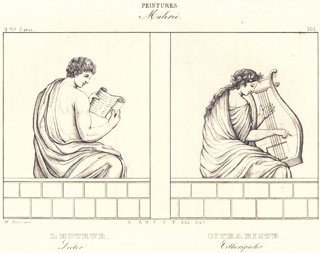 VI.1.1 Pompeii. Two drawings on a white background were found together in a house near the gates of Pompeii and at the foot of the wall of the city, the walls are themselves covered with similar partitions to those that occupy the bottom of each of the frescoes. 
See Roux, H. (1840). Herculanum et Pompei recueil générale des peintures, bronzes, mosaïques, v4 Peintures série 3, Figures Isolées. (pl. 101, p. 195).