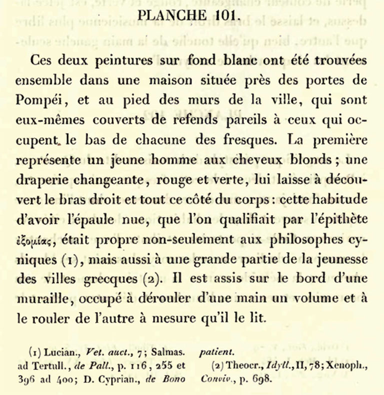 VI.1.1 Pompeii. 1840 description of drawings.
See Roux, H. (1840). Herculanum et Pompei recueil générale des peintures, bronzes, mosaïques, v4 Peintures série 3, Figures Isolées. (p.195).