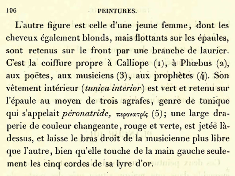 VI.1.1 Pompeii. 1840 description of drawings (continued).
See Roux, H. (1840). Herculanum et Pompei recueil générale des peintures, bronzes, mosaïques, v4 Peintures série 3, Figures Isolées. (p.196).