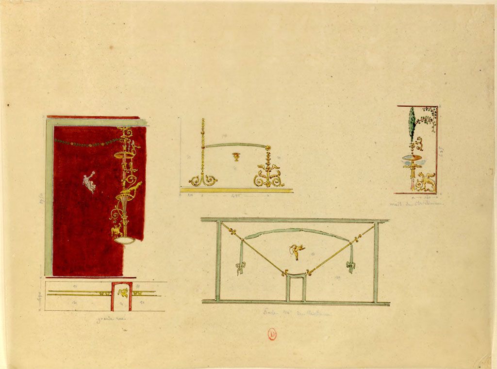 VI.1.1 Pompeii or VIII.3.14 Pompeii. Mai 1823? Paintings by Chenavard of wall decorations, from different places in Pompeii. 
The INHA web site records: Reproduction de différents motifs de la peinture pariétale, dont deux empruntés à la Casa della Regina Carolina
On the left, from the “Rue Grande” (large road- Via Consolare).
Lower centre, zoccolo of the Maison du triclinium.
Right, Maison du triclinium.
(Note, however, this could possibly be from VIII.3.14., as stated above). 
See Chenavard, Antoine-Marie (1787-1883) et al. Voyage d'Italie, croquis Tome 3, pl. 120.
INHA Identifiant numérique : NUM MS 703 (3). See Book on INHA 
Document placé sous « Licence Ouverte / Open Licence » Etalab