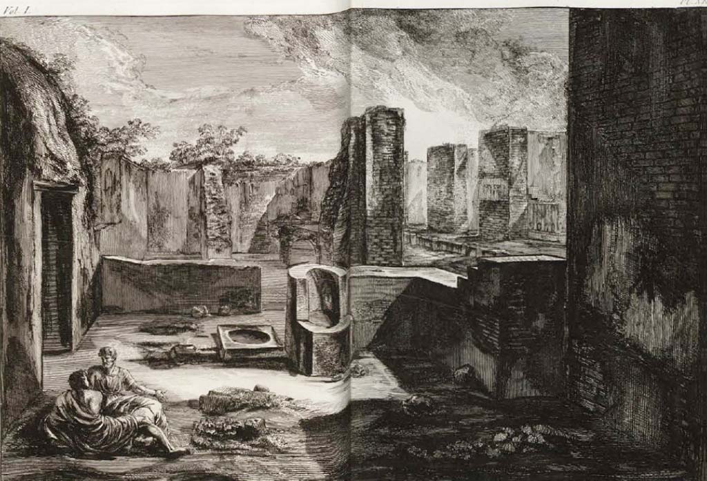 VI.1.5 Pompeii. Pre-1778 drawing by J. B. Piranesi, engraved by F. Piranesi, published 1804. 
Looking south towards rear of counter and hearth, with Via Consolare, on right.
See Piranesi, F, 1804. Antiquités de la Grande Grèce : Tome I. Paris : Piranesi and Le Blanc. Vol. I, pl. XII.