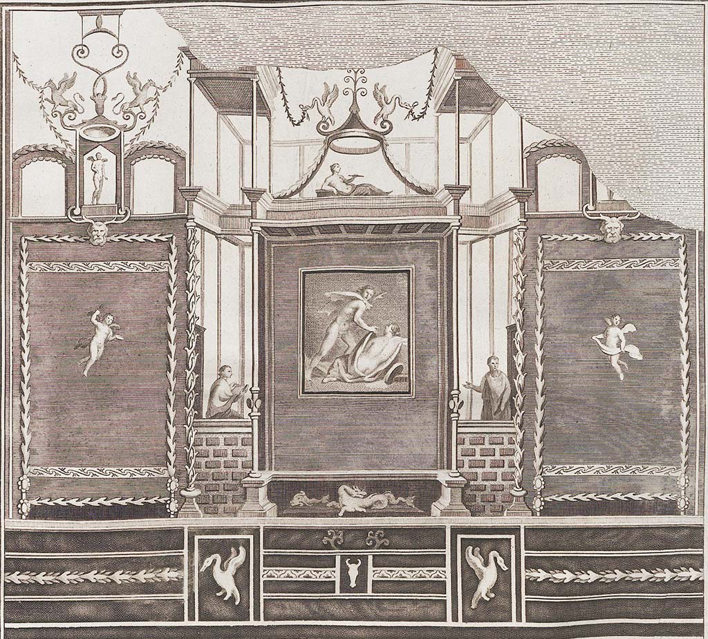 VI.1.6 Pompeii. 1779. Drawing of painted decoration on south wall.
See Antichità di Ercolano: Tomo Setto: Le Pitture 5, 1779, Tav LXXX.
See Carratelli, G. P., 1990-2003. Pompei: Pitture e Mosaici: Vol. IV.  Roma: Istituto della enciclopedia italiana, p. 10.