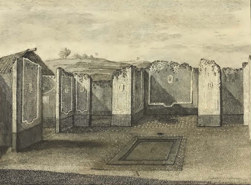 VI.1.7 Pompeii. Looking north across impluvium in atrium.
On the left (west side) would be the entrance corridor (VI.1.7).
Next to it the doorway connecting with VI.1.6.
Next to that (on the north side) would be the doorway to our room 1.
The large (open) room would be our room 2.
Hamilton described this as a 
“A - Court with several rooms opening onto it, one of which is thirty feet long by fifteen, the largest room as yet discovered at Pompeii.
B.B.B. – the rooms; the paintings of which were very elegant; but the best parts have been cut out and transported to the Museum at Portici.
C. – where the rainwater was collected and ran into a reservoir underneath.
D.D. – Vineyards over the uncleared parts of the city.
See Hamilton, Sir William, 1777. Account of the discoveries at Pompeii, (plate X).