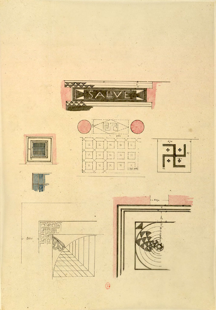 VI.1.7/25 Pompeii. Sketches made by Chenavard. They may not all be from this house. 
See Chenavard, Antoine-Marie (1787-1883) et al. Voyage d'Italie, croquis Tome 3, pl. 104.
INHA Identifiant numérique : NUM MS 703 (3). See Book on INHA 
Document placé sous « Licence Ouverte / Open Licence » Etalab