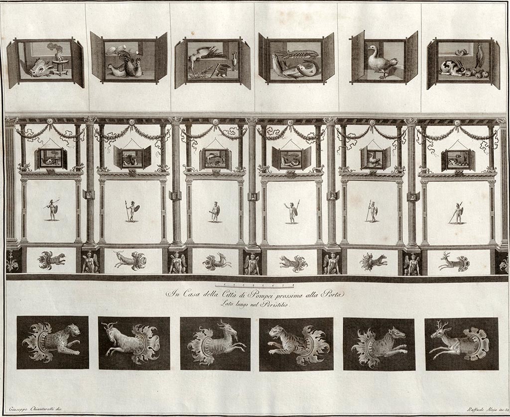 VI.1.7 Pompeii. Drawing by Giuseppe Chiantarelli, engraved by Raffaele Aloja, showing wall decoration from peristyle wall.
It is described in Gli Ornati 1838 as –
“Appartiene questa bella parete al lato lungo del peristilio di una casa della Città di Pompei prossima alle porte.
Era dessa divisa in sei simmetrici compartimenti, e ciascuno di questi in altri tre.
Molto importante era la figura di Marte, che vedesi espressa nel mezzo de’ primi compartimenti.
Incisione dell’Aloja (Raffaele).”
See Gli ornati delle pareti ed I pavimenti delle stanze dell’antica Pompei, 1838, pl. 60. 
See Giornale degli Scavi, NS III, 1874, tav. 3.