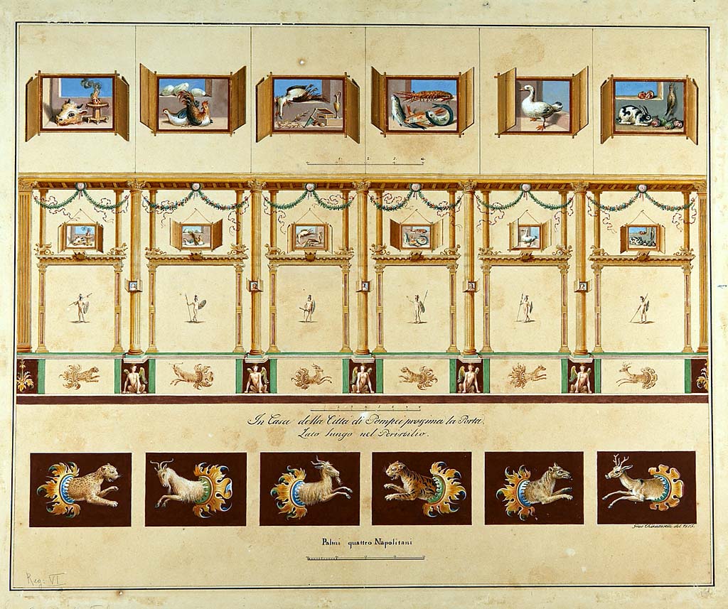 VI.1.7 Pompeii. 1803 painting by Giuseppe Chiantarelli of wall decoration from peristyle wall.
Colonnades adorned with festoons, in the partitions of which can be seen pictures of fruit, fish, birds and edibles; below, armed male figures and seated sphinxes with animals between.
Now in Naples Archaeological Museum. Inventory number ADS 116.
Photo © ICCD. https://www.catalogo.beniculturali.it
Utilizzabili alle condizioni della licenza Attribuzione - Non commerciale - Condividi allo stesso modo 2.5 Italia (CC BY-NC-SA 2.5 IT)
See Giornale degli Scavi, NS III, 1874, Tav. 3.