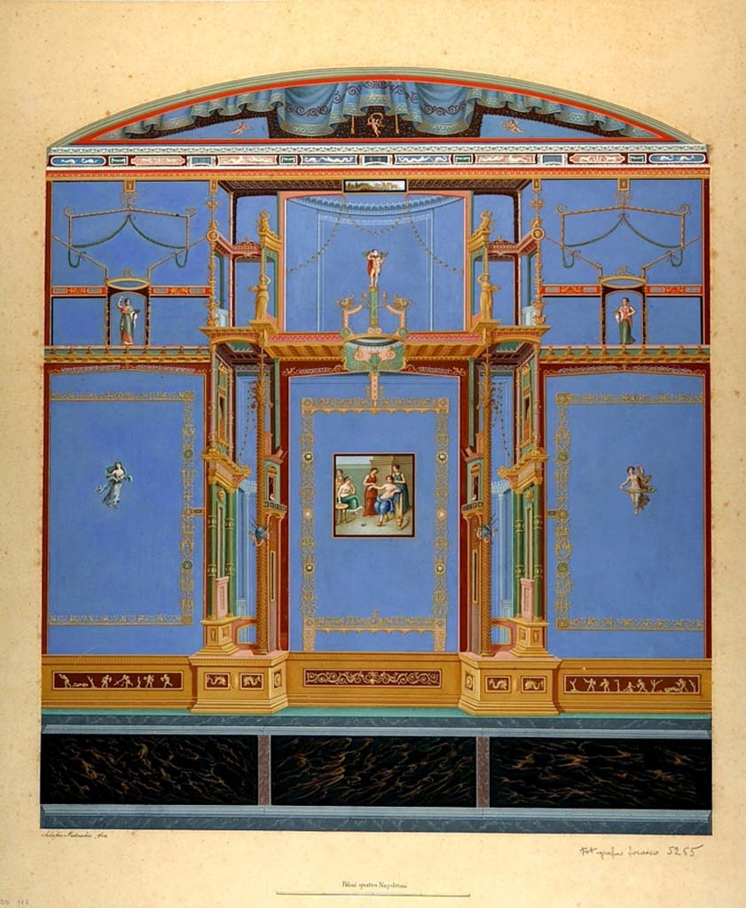 VI.1.7 Pompeii. Room 19. Mid-19th century watercolour by Serafino Mastracchio showing the east wall.
The painting depicts a painted wall decoration with a central painting depicting the dressing of a young woman. 
The plinth is made up of dark marble slabs. 
The median area has three light blue panels: the two side panels, edged with golden plant interweaving, have a female figurine in flight in the centre.
The central panel, framed by articulated architectural scenes, shows in the centre a painting with the dressing table of a woman helped by two maids, while two others are placed on the left side. 
The upper register, again with a blue background, is decorated with human figures within slender architectural wings. 
An embroidered curtain and cupids decorate the lunette closing the composition at the top.
Now in Naples Archaeological Museum. Inventory number ADS 117.
Photo © ICCD. https://www.catalogo.beniculturali.it
Utilizzabili alle condizioni della licenza Attribuzione - Non commerciale - Condividi allo stesso modo 2.5 Italia (CC BY-NC-SA 2.5 IT)