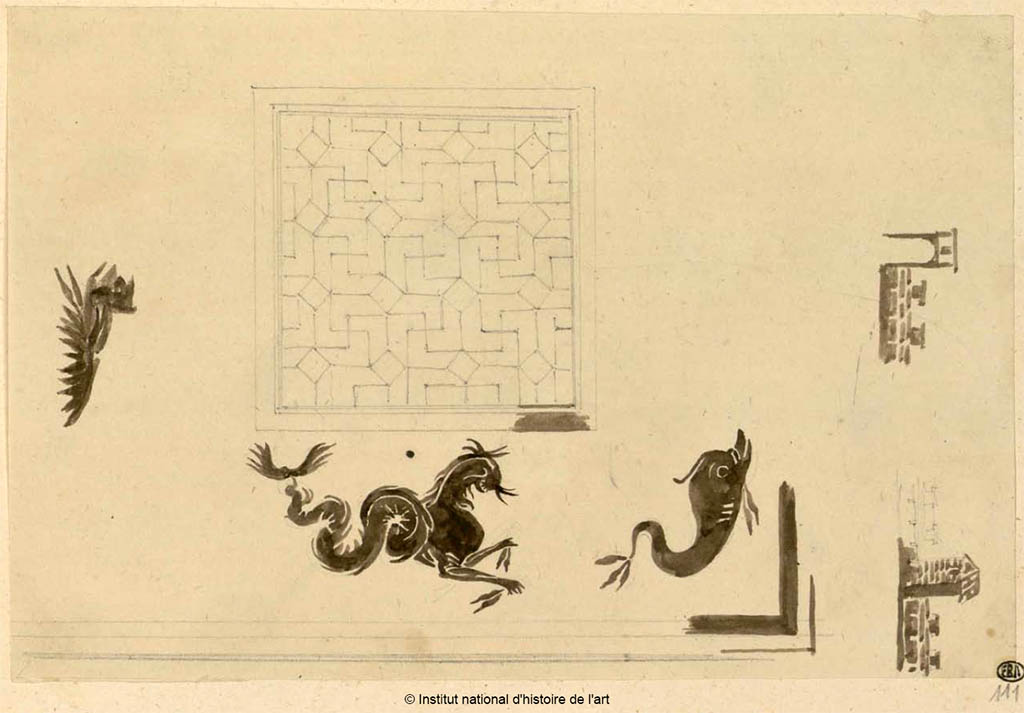 VI.1.7/25 Pompeii. Sketch of mosaic floor decoration. A mosaic showing a dolphin was seen in the threshold of room 10.
See Debret F. (1777-1850), Piranesi F. (1758-1810), LaBrouste H. (1801-1875). Voyage en Italie-De Naples à Paestum, pl. 111.
INHA Identifiant numérique : NUM PC 77832 (07). See book on INHA Les documents sont placés sous « Licence Ouverte / Open Licence » Etalab