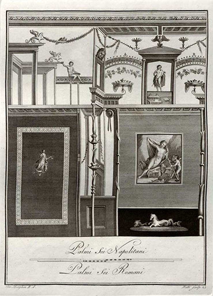 VI.1.7 Pompeii. 1838 drawing of wall, referred to as the Wall of Narcissus.
See Gli ornati delle pareti ed i pavimenti delle stanze dell'antica Pompei incisi in rame: 1838, p. 4, pl. 25.