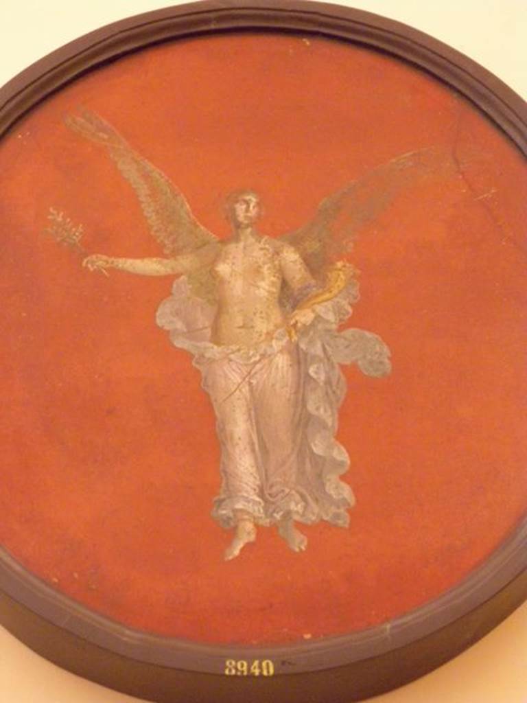VI.1.7 Pompeii. Found 3rd October 1812, wall painting of Nike with cornucopia, from atrium.  Now in Naples Archaeological Museum. Inventory number 8940. See Pagano, M. and Prisciandaro, R., 2006. Studio sulle provenienze degli oggetti rinvenuti negli scavi borbonici del regno di Napoli. Naples : Nicola Longobardi. (p.105, note 452).