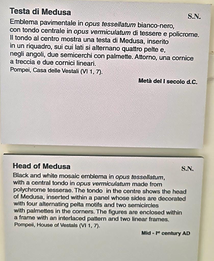VI.1.7 Pompeii. September 2024. 
Information card from Naples Archaeological Museum. Photo courtesy of Giuseppe Ciaramella.