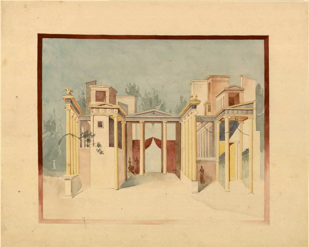 VI.1.7 Pompeii. Between 1823 and 1828. Painting by Duban, presumably from this house but location unknown, as described by Gell below.
See Duban F. Album de dessins d'architecture effectués par Félix Duban pendant son pensionnat à la Villa Medicis, entre 1823 et 1828 : Tome 2, Pompéi, pl. 33.
INHA Identifiant numérique NUM PC 40425 (2)
https://bibliotheque-numerique.inha.fr/idurl/1/7157  « Licence Ouverte / Open Licence » Etalab