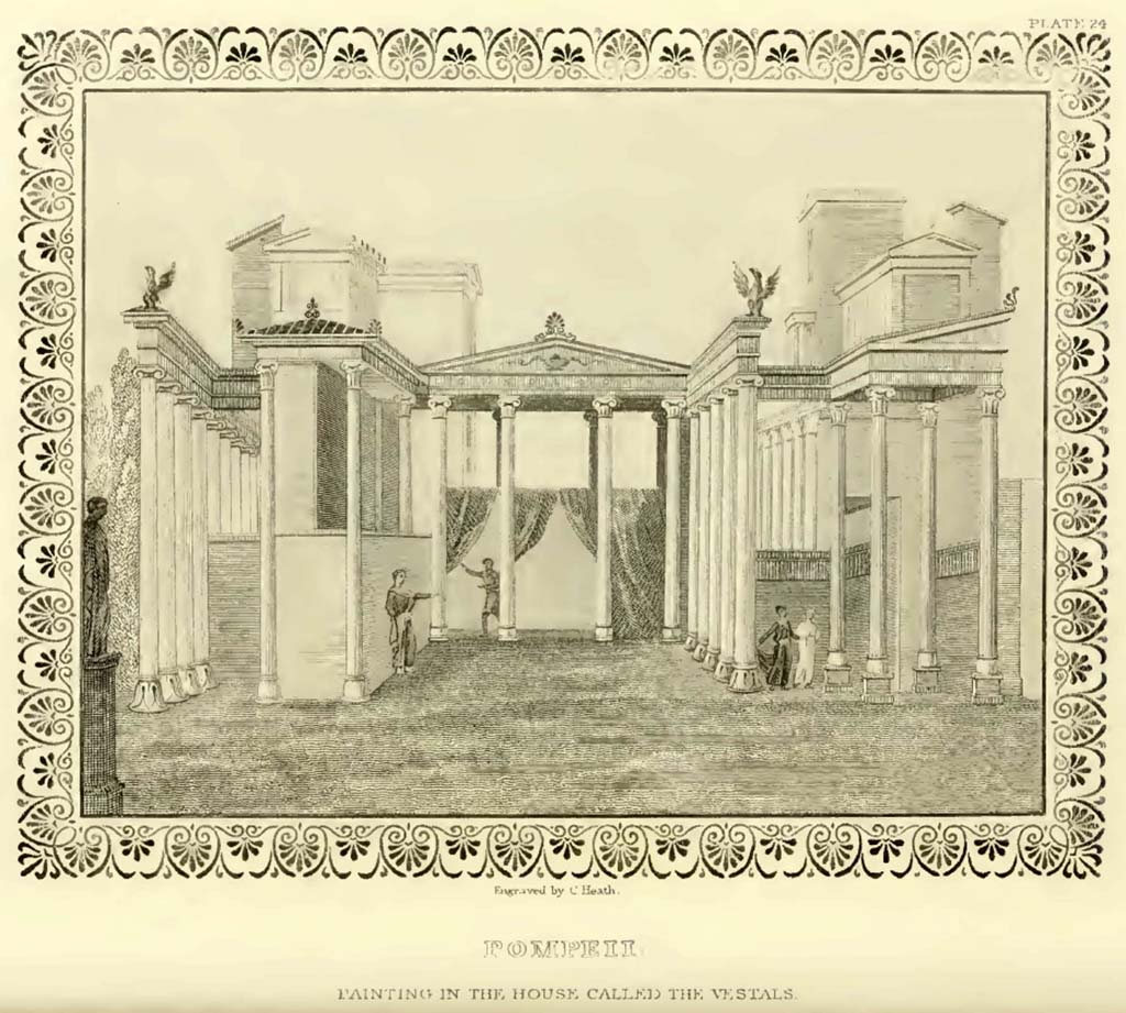VI.1.7 Pompeii. c.1819. Painting, according to Gell, seen in the House called of the Vestals. 
According to Gell – 
“This probably represents a scene in a play. The artist seems to have possessed considerable knowledge of perspective, and has also displayed some acquaintance with architectural composition; but the whole is too precisely represented in the engraving.
In the original, all the ornamented parts are undetermined in form, though not in character: the figures, also, are sketches. 
The border is from a room; the ground yellow, flowers alternately green and red.”
See Gell, W, and Gandy J. P., 1819. Pompeiana. London: Rodwell and Martin, Plate XXIV.
See a similar painting at VI.13.2, a wall painting of Medea and the daughters of Pelias, from the summer triclinium.
Now in Naples Archaeological Museum. Inventory number 111477. 
However, VI.13.2 was only partially excavated c.1830’s, so would not appear to be the same.