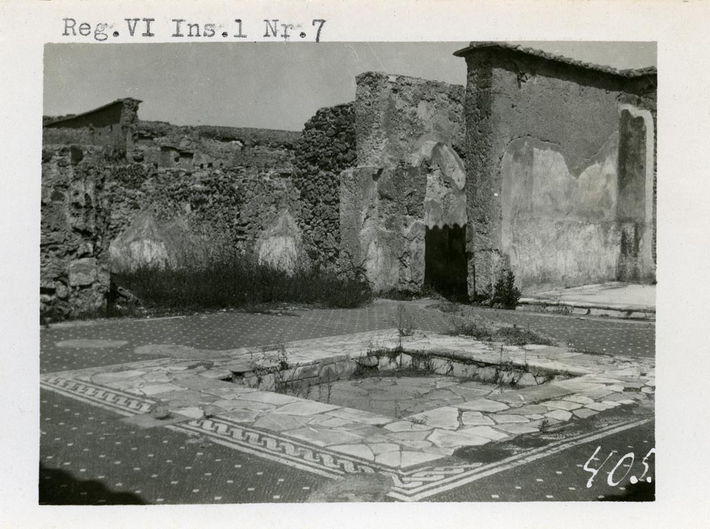 VI.1.7 Pompeii. Pre-1937-1939. Looking north-east across impluvium towards the north wall of the tablinum.
Photo courtesy of American Academy in Rome, Photographic Archive. Warsher collection no. 405.