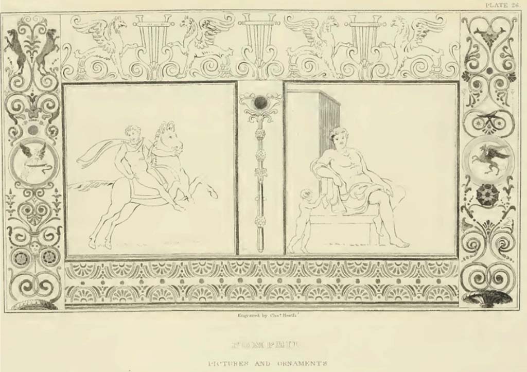 VI.1.7 Pompeii. Drawing by William Gell, entitled “Pictures and Ornaments”. 
Plate XXVI describes “Outlines of two paintings upon a wall. They are surrounded by ornaments from various quarters: that in the centre had a mirror. They are principally from the house of the Vestals.”
See Gell, W. and Gandy, J., 1852. Pompeiana: Third Edition. London: Bohn, p.171, Plate XXVI.