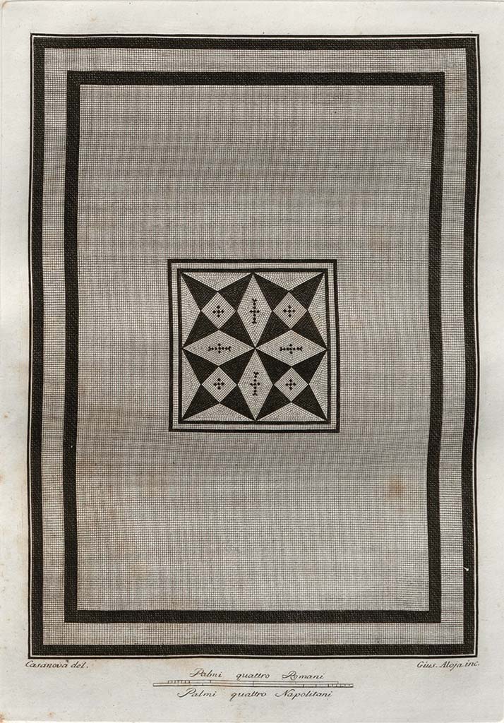 VI.1.8 Pompeii. Pre-1808 drawing of floor mosaic.
See Gli ornati delle pareti ed i pavimenti delle stanze dell'antica Pompei incisi in rame: 1838, p. 112/124.
Also in Gli ornati delle pareti ed i pavimenti delle stanze dell'antica Pompei incisi in rame: pt.2, 1808.