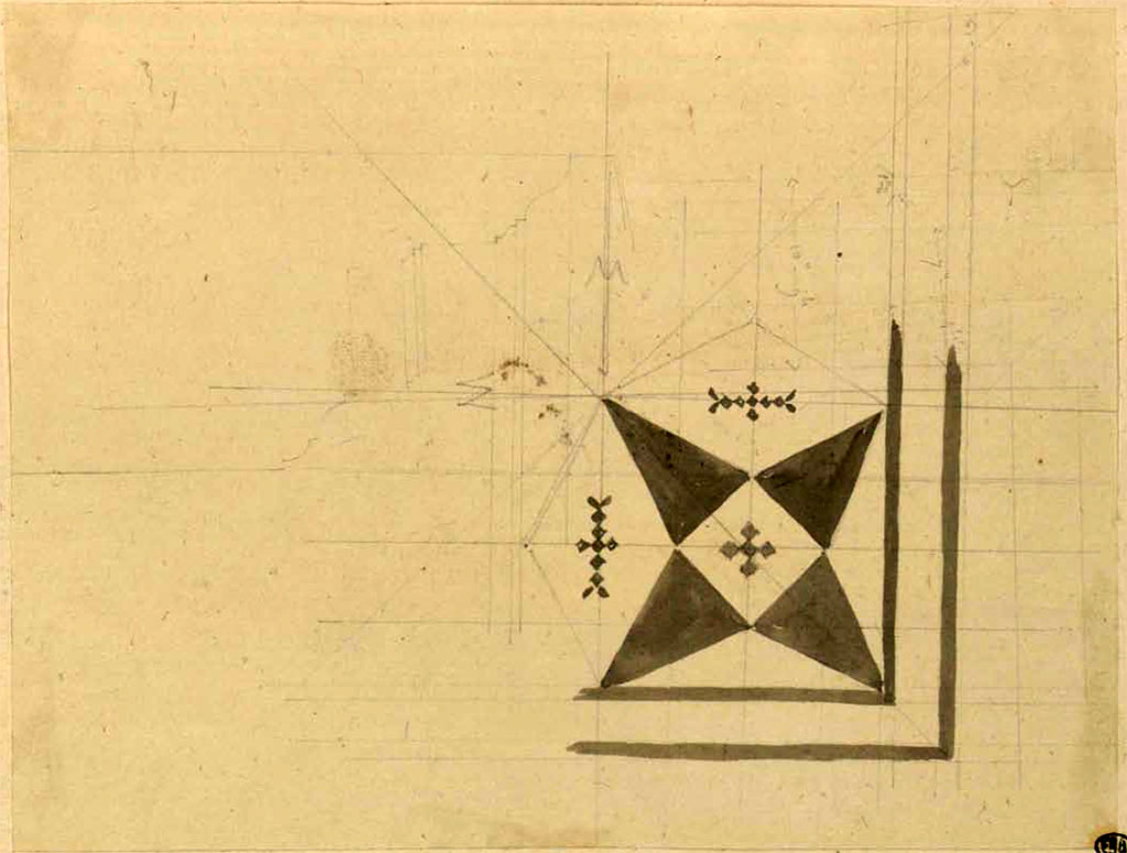 VI.1.8 Pompeii. Undated sketch of part of mosaic on central floor mosaic.
See Debret F. (1777-1850), Piranesi F. (1758-1810), LaBrouste H. (1801-1875). Voyage en Italie-De Naples à Paestum, pl. 112.
INHA Identifiant numérique : NUM PC 77832 (07). See book on INHA Les documents sont placés sous « Licence Ouverte / Open Licence » Etalab