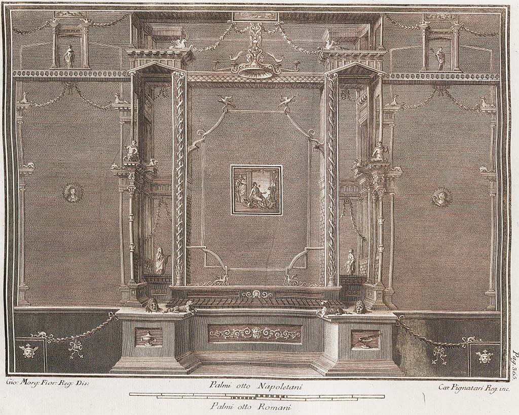 VI.1.10 Pompeii. 1779 drawing of room 9, east wall of room to south of garden, showing central picture in place. 
See Antichità di Ercolano: Tomo Setto: Le Pitture 5, 1779, tav. 83, p.365.