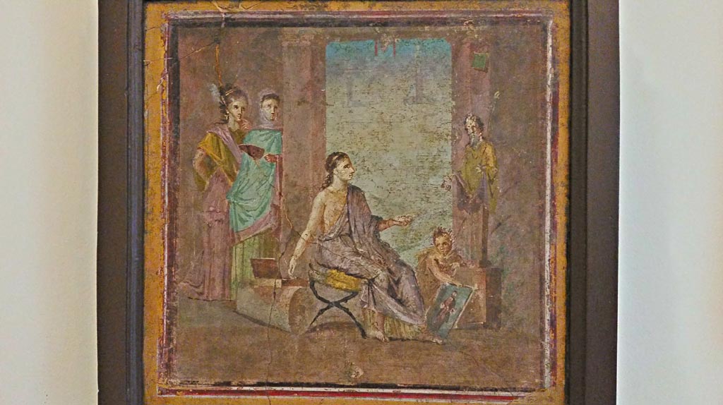 VI.1.10 Pompeii. Found 22nd June 1771 on east wall of room 9, room to south of garden.  
Wall painting of a young woman painting a herm of Dionysus.  Photo courtesy of Giuseppe Ciaramella, November 2018.