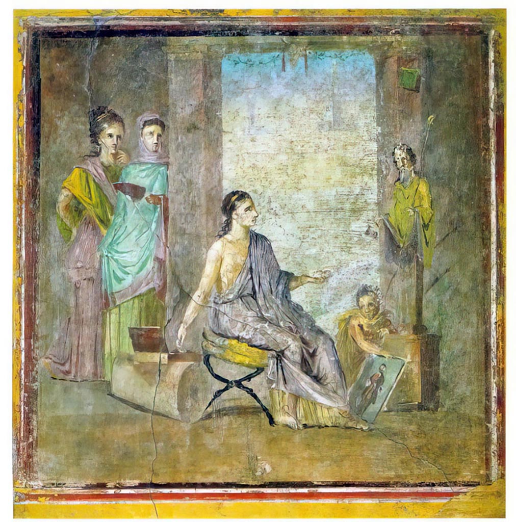 VI.1.10 Pompeii. December 2019. Found 22nd June 1771 on east wall of room 9, room to south of garden.  
Wall painting of a young woman painting a herm of Dionysus.
Now in Naples Archaeological Museum. Inventory number 9018.  Photo courtesy of Giuseppe Ciaramella.