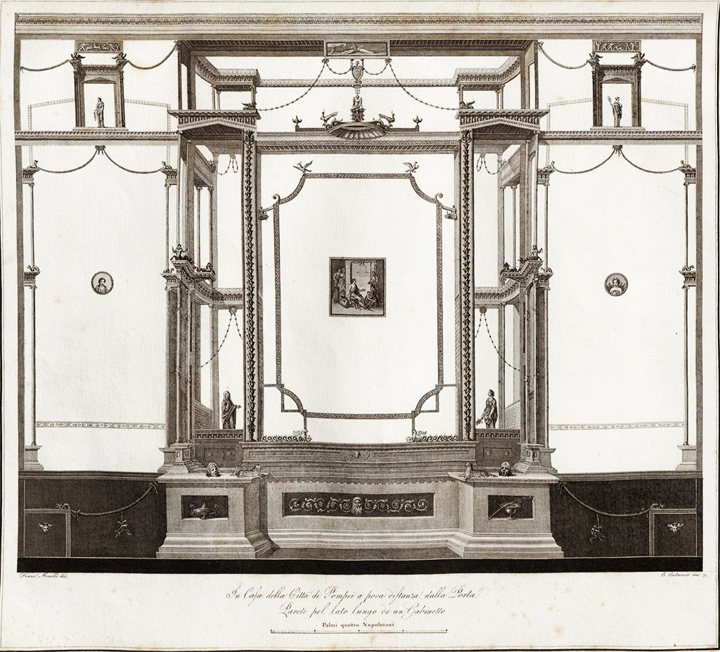 VI.1.10 Pompeii. East wall of room 9. Painting by Francesco Morelli with engraving by Carlo Cataneo published in 1838.
It was described as “Architectural decoration of the long side of a room in a Pompeian house a small distance from the Gate.
It was divided into three panels, and a beautiful painting was painted in the middle panel”.
See Gli ornati delle pareti ed i pavimenti delle stanze dell'antica Pompei incisi in rame: 1838, pl. 71.