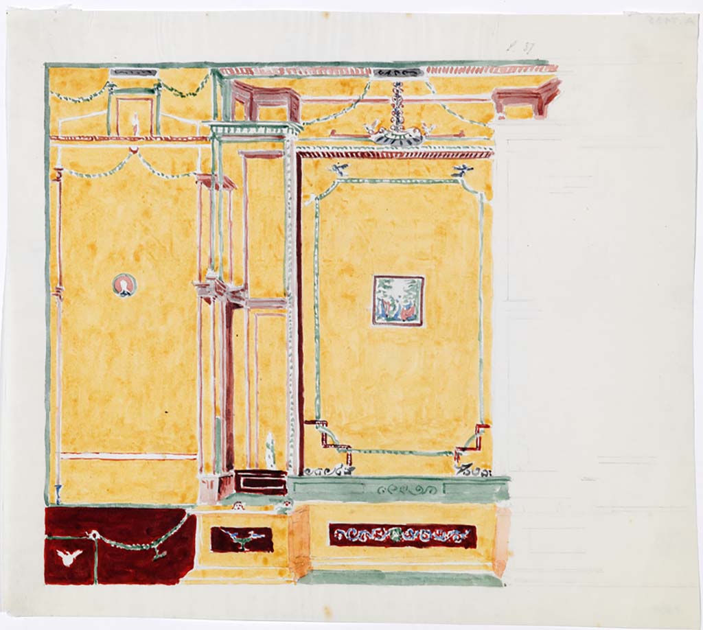 VI.1.10 Pompeii. Room 9, east wall, painting by Gottlieb Bindesbøll (1800-1856).
Photo ©Danmarks Kunstbibliotek inv no ark_7135.